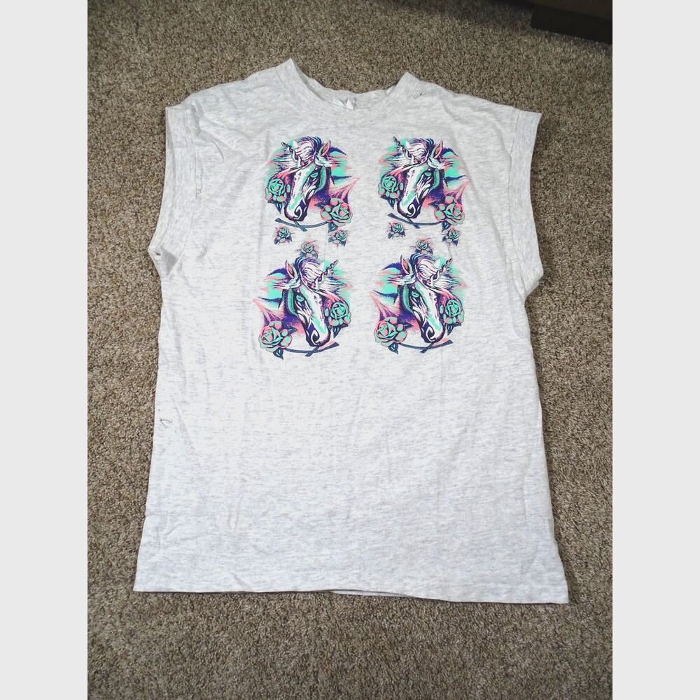 Vintage 90s Thrashed Unicorn Roses TShirt XL College Wear Distressed Made in USA